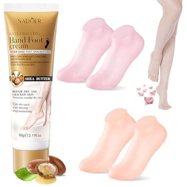 Miioto Calcetines de Silicona para Pies, Reutilizable Calcetines Silicona Mujer, 4 Piezas Calcetines de Silicona Hidratante+60g Crema Pies, Cuidado de la Piel Agrietada y Aspera, Complexion + Pink
