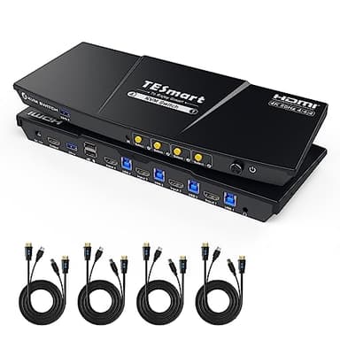 TESmart USB3.0 HDMI KVM Switch 4 PC 1 Monitor, 4 Puertos 4K60Hz KVM-Switches, Emulador EDID, Hotkey, USB para Impresora, Escáner, Teclado y Ratón, Salida de Audio