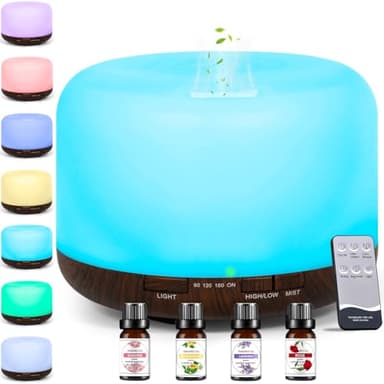 AQXONG 500ML Difusor Aceites Esenciales, Humidificador de Aromas con 4x10ml Aceites Esenciales, Difusor Ultrasónico con Mando a Distancia para Sala de Estar Dormitorio Yoga Oficina - 7 Colores LED