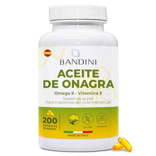 Bandini® Aceite de Onagra 2000 mg - Síntomas menstruales, mantenimiento de la piel y los huesos - 200 cápsulas blandas - 10% GLA, prensado en frío, con vitamina E - Antioxidante y para la menopausia