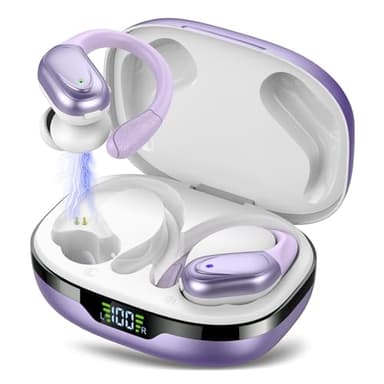 CASCHO Auriculares Inalambricos, Auriculares Bluetooth 5.3 Deportivos con Gancho de la Oreja, 60H de Reproducción, Pantalla LED, Llamada ENC HD, Profundamente Bajo, IPX7 Impermeable(Violeta Perla)