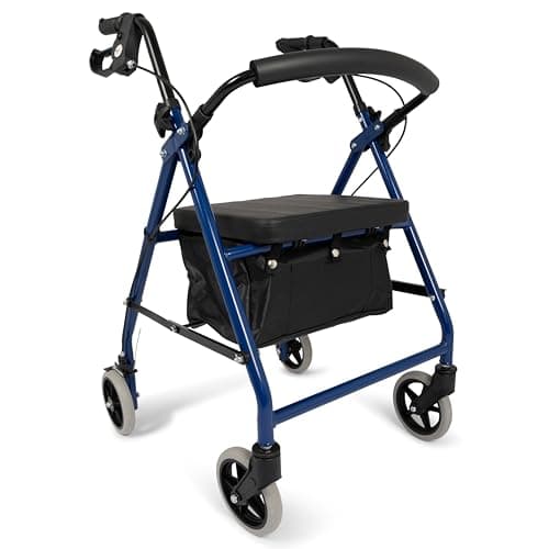 Dunimed Andador plegable ligero - Incluye bandeja y cesta - Fácil de plegar para colocar en el maletero, para viajar, altura ajustable (Azul)