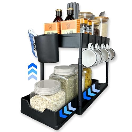 YellowClama ORGANIZADOR bajo FREGADERO - Altura Regulable - Organizador Cocina - Armario Cocina - Organizador Productos Limpieza, 1 Cesta colgante, 4 ganchos, 6 Almohadillas antideslizantes, Negro
