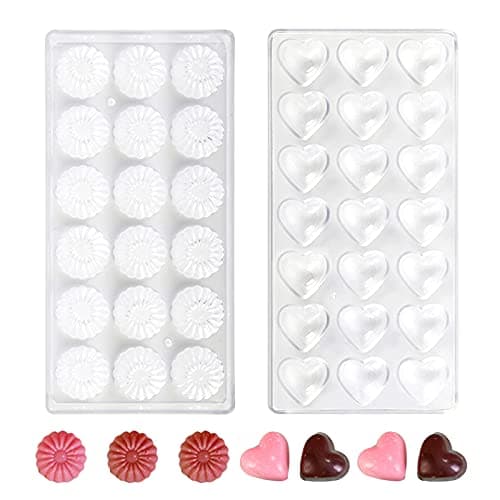 Mlysnd Molde Bombones, 2 Piezas Molde Tableta Chocolate Plástico Molde Policarbonato Para DIY Jalea Dulce Bandeja Herramienta Para Hornear, Transparente, 13,5 * 27,4 cm (Corazón, Crisantemo)