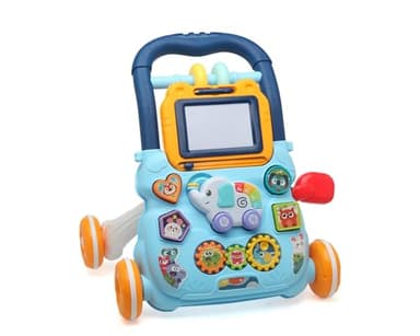 Kiokids - Correpasillos de Actividades Azul, Andador Educativo con Piano, Pizarra y Formas Encajables
