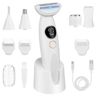 LOPHE Rasuradora Mujer, Maquinilla de Afeitar Eléctrica 5 en 1 para Mujer Con Base Blanca, Afeitadora Eléctrica Con 4 Cabezales De Repuesto Recargable Adecuado para Mujeres