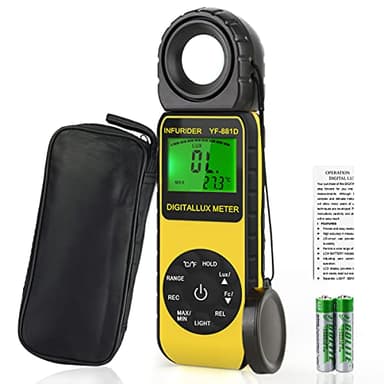 Medidor de Luz (0.1-400,000 Lux),INFURIDER YF-881D Luxómetro Digital Medidor de iluminación Iluminómetro con Temperatura Ambiente,Fotómetro para Fotografía LED de Cultivo de Plantas