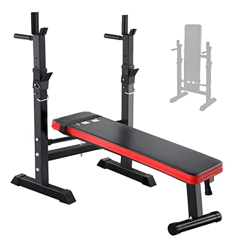 ISE Banco Musculación Multifuncional con soporte press banca y estación de dips, Banco De Pesas plegable, Banco Abdominales En Casa, Banco Press Banca, rojo negro