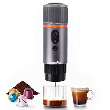 CONQUECO Cafetera Portátil con Cápsula de Espresso - 12V Máquina de Café Electrica con Batería - para Coche Camión y Viajes - Compatible con Cápsulas Originales Nespresso y Cápsula L'or