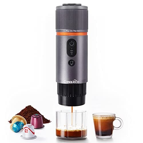CONQUECO Cafetera Portátil con Cápsula de Espresso - 12V Máquina de Café Electrica con Batería - para Coche Camión y Viajes - Compatible con Cápsulas Originales Nespresso y Cápsula L'or