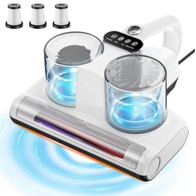 JPHYLL Aspirador de ácaros para Colchones Potencia de Succión de 16 Kpa Aspirador de Cama con Luz UV-C de 253,7 NM con 3 Filtros HEPA Tecnologías de Rodillo de Cepillo Térmico Ultrasónico Blanco