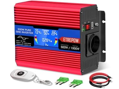 ETREPOW Inversor 12v 220v Onda Pura 500w/1000w Convertidor de Voltaje con 2 USB, Control Remoto Inalámbrico, Pantalla LCD Adecuado para Sistema Solar, Coche, Camping，caravanas