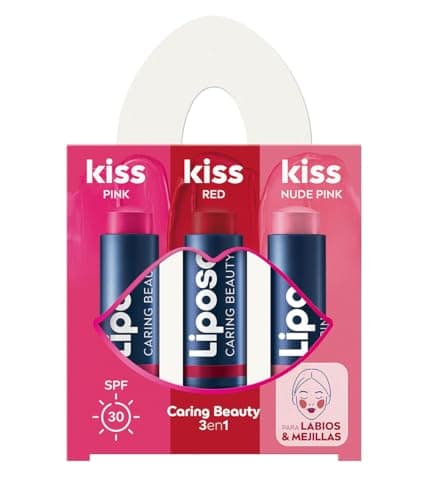 LIPOSAN Pack Bálsamo Labial Caring Beauty 3en1, combina los bálsamos de labios y colorete en barra en 3 tonos (rojo, rosa y pink nude), protector labial en stick 3 en 1 (3 x 4,8 g)