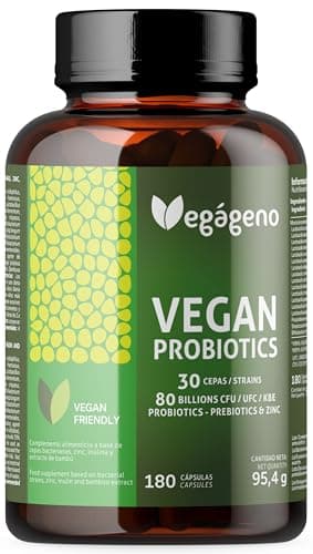 Vegágeno Probióticos y Prebióticos Intestinales 180 cápsulas Vegetales, 30 Cepas Bacterianas, 80 Billones UFC - con Zinc. Tambien Probioticos mujer flora intima. Apto para Veganos. Sin Gluten.