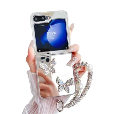 eglixu Funda de espejo para Samsung Galaxy Z Flip 6, bonita mariposa de alto brillo, funda protectora de espejo para Galaxy Z Flip 6 con pulsera de lujo para mujeres y niñas
