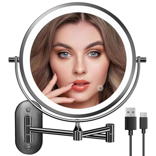 Auxmir Espejo Maquillaje Pared con Luz Recargable, Aumento 1X/10X Doble Cara Giratorio 360, Espejo Baño Extensible Táctil con USB, 3 Colores Brillo Regulable, para Hotel, Negro