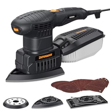 DOVAMAN ROS06A Lijadora Multifunción 3 en 1, 200W Multilijadora, 6 Velocidades, 15 Papeles de Lija, Baja Vibración, Recogida de Polvo, Lijadora Orbital, Excéntrica y de Detalle para Madera y Acero