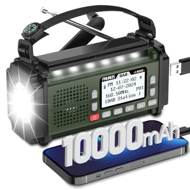 PRUNUS J-924 Dab/UKW Radio Digital con Función de Preselección, Radio Portatil Pequeña Recargable con Banco de Energía de 10000 mAh, Radio Solar y a Pilas, con Manivela,Linterna,SOS.[Verde]