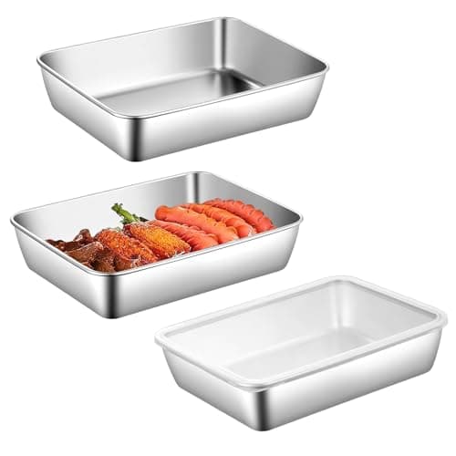 HENGBIRD Bandeja para horno, juego de 3 piezas, con tapa, cuenco de acero inoxidable, rectangular, cuenco para empanar, 25 × 19 × 5 cm, bandeja grande, apta para lavavajillas