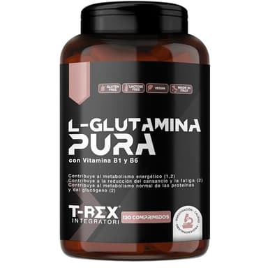 L-Glutamina Pura | Estimula el aumento de la hormona del crecimiento (GH) | Reduce la fatiga post-entrenamiento | Suplemento de Glutamina Aminoácido 120 comprimidos T-Rex Integratori.