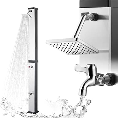 Strattore Ducha Solar de Jardín Exterior 40 litros hasta 60° C y Grifo - Conexión de Manguera de Jardín - Cabezal de Ducha Regulable - para Piscina Camping Vacaciones Playa - Ocean en Negro/Plata