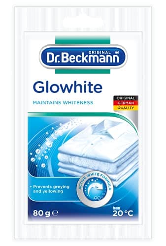 Dr. Beckmann Glowhite - Blanqueador de telas 80 g | Elimina la decoloración gris | Combate el amarillamiento | Obteniendo la ropa blanca más blanca