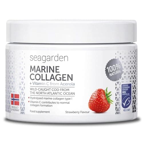 Polvo de colágeno marino noruego + vitamina C | Sabor a fresa | Colágeno Hidrolizado | de bacalao ártico salvaje | Suplemento para la piel, cabello, uñas, tendones, músculos | 150 g
