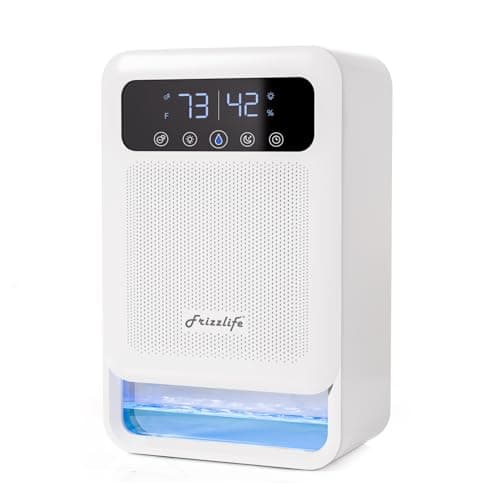 Frizzlife Deshumidificador DH80 con purificador de aire, tanque de agua de 138 onzas, deshumidificadores pequeños silenciosos con modo de suspensión para el hogar, dormitorio, baño, sótano con apagado