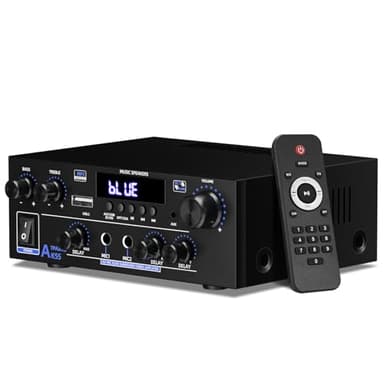 2 Canales Amplificador, 1000W Audio Estéreo, Bluetooth 5.3 Mini Hi-Fi Amp, para Dos 50W x2 Altavoces de Unas 8 Pulgadas, Bass/Treble/AUX/FM/Mic/USB, para TV, para el hogar o tu Coche