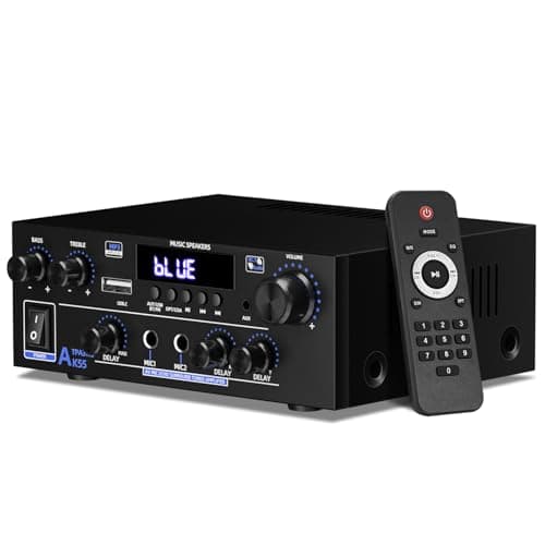 2 Canales Amplificador, 1000W Audio Estéreo, Bluetooth 5.3 Mini Hi-Fi Amp, para Dos 50W x2 Altavoces de Unas 8 Pulgadas, Bass/Treble/AUX/FM/Mic/USB, para TV, para el hogar o tu Coche