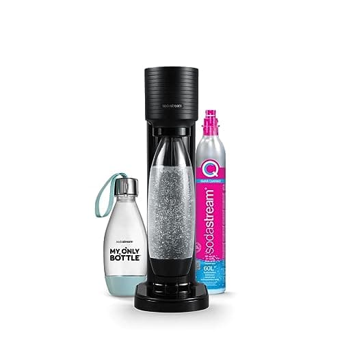 Sodastream Gaia - Máquina de agua con gas, paquete de 1 botella de 1 L + 1 botella de 0,5 L, apto para lavavajillas + 1 recarga de gas de 60 l para clips, color negro [Amazon Exclusive]