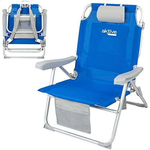Aktive 62633 - Silla playa plegable y reclinable 5 posiciones, Silla portátil plegable 55x67,5x86cm, Incluye cojín, 1 bolsillo, 1 bolsa con cremallera y topes antivuelco, Sillas de playa