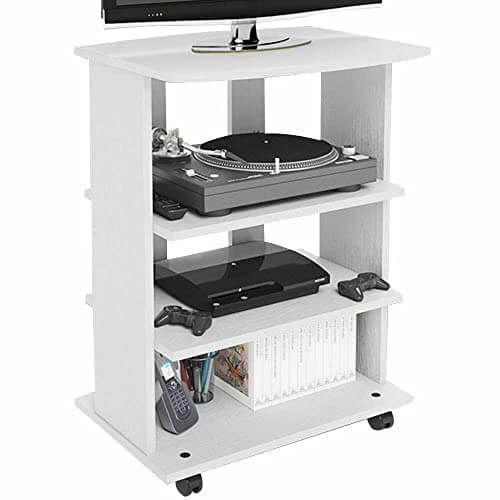 BAKAJI Mueble de TV de Madera MDF con 3 estantes para Consolas Videojuegos DVD y 4 Ruedas, Mueble para televisión, diseño Moderno, tamaño 60 x 45 x 80,5 cm (Blanco)