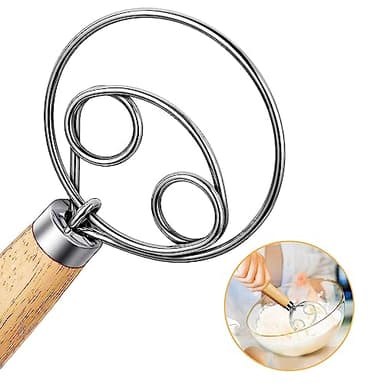 Lonimia Batidor de masa danesa, Batidor de masa danesa de 13 pulgadas holandés batidor de huevo bate de masa danesa batidor con mango de madera batidor 304 alambre de acero inoxidable para hacer pan