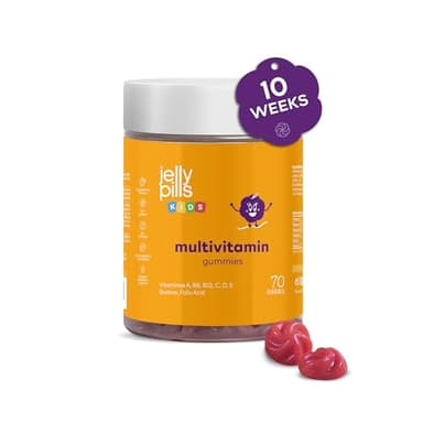 Jelly Pills® Gominolas Multivitaminas y Minerales Niños - Sin azúcares añadidos - 70 Gummies sabor Fresa - Todas las Vitaminas A B C D E Biotina Ácido Fólico Zinc Yodo Magnesio Cromo
