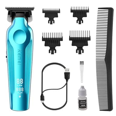 KEMEI Cortapelos eléctrico para hombre, inalámbrico, recargable, recortador de tapa cero para hombre, con hoja en T, tijeras de peluquería con indicador LED, color azul Marca: KEMEI