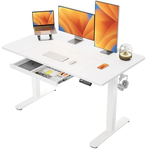 ErGear Mesa Escritorio Elevable 140 x 80 cm, Escritorio Elevable con 4 Memorias Inteligentes & Cajones, Diseño en T para Mayor Estabilidad, Tablero de Mesa con Ensamblaje, Marco y Superficie Blancos