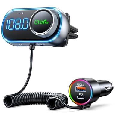 EOIWUY Transmisor FM Bluetooth 5.3 Coche, [Graves HiFi] Adaptador Radio Bluetooth Coche, 36W PD & 18W QC3.0 Carga Rápida Cargador Coche, Manos Libres Coche Bluetooth con Salida AUX & Asistente de Voz