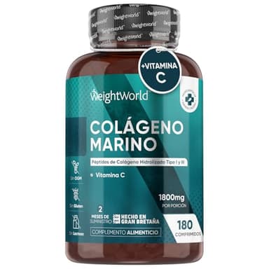 Colágeno Marino Hidrolizado con Vitamina C 1800mg de Potencia 180 Comprimidos - Péptidos de Colágeno Marino Tipo 1 y 3 para Piel, Cartílago, Huesos y Articulaciones para 2 Meses de Suministro