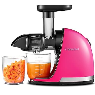 Exprimidor lento, AMZCHEF - Máquinas de exprimidor de masticaje lento con función inversa, alto rendimiento de jugo, fácil de limpiar con cepillo para polvo, rojo rosa (actualizado)