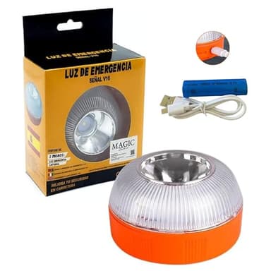 MAGIC SELECT Luz de Emergencia V16 Homologada para Señalización en Carretera de Coche y Moto. Luz Amarilla Intermitente y Blanca Fija con Encendido Automático, Base Imantada y Batería Recargable.