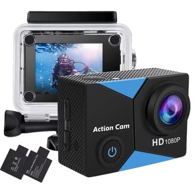 Jadfezy Cámara Deportiva Ultra HD 1080P, 12MP Cámara de acción con Gran Angula Lente, Cámara Subacuática Impermeable 30m/98pies con 2×900 mAh Baterías y Accesorios Kit para Casco y Bicicleta, etc.