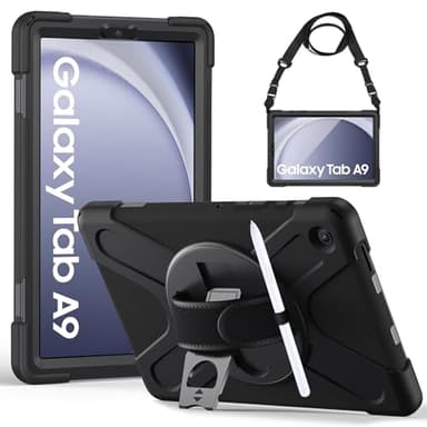 Gerutek Funda Anticaída para Samsung Galaxy Tab A9 8.7 Pulgadas 2023, (SM-X110/X115/X117), Carcasa Rugosa con Soporte Giratorio, Correa de Mano/Hombro, Funda Antichoque para Samsung Tab A9 8.7", Negro