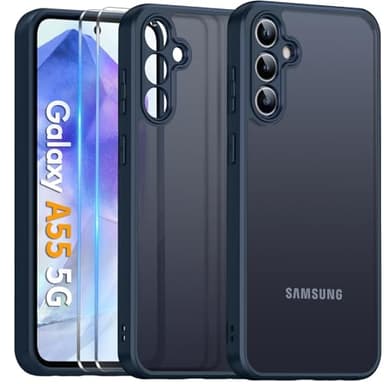 COPIKE Funda Mate para Samsung Galaxy A55 5G y Protector de Cámara, Carcasa Antigolpes Helada Translúcida Antihuellas con 2 Piezas Cristal Templado, Azul