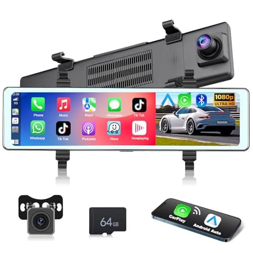 Podofo Camara de Coche con Android Auto CarPlay Inalámbrico y Cámara de Visión Trasera, 11,26" Pantalla Inteligente Espejo Retrovisor para Coches y Camiones visión Nocturna, Tarjeta de 64G