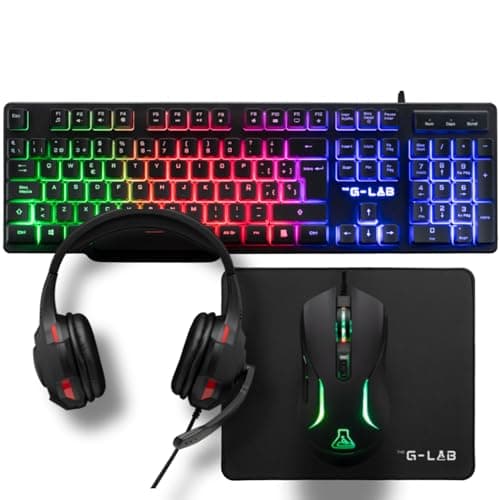 The G-Lab - Combo Sulfur - Pack Gaming 4 en 1 - Teclado Gaming QWERTY con Ñ, Ratón Gamer 3600 dpi, Auriculares Gaming, Alfombrilla Antideslizante para Juegos – PC, PS4, PS5, Xbox - Nuevo