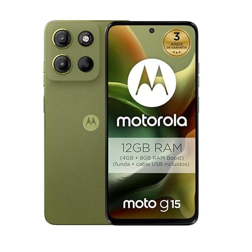 Motorola Moto g15 12GB (4GB+8GB RAM Boost)/128GB Verde, España, Pantalla de 6,72” FHD+, Sistema de cámaras de 50 MP y Objetivo Ultra Gran Angular, Batería 5200 mAh, Carga TurboPower, Cuero Vegano