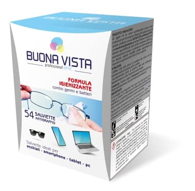 Buena Vista Toallitas Ideales para Gafas, Smartphone, Tablet y PC, Fórmula Higienizzante con Alcohol, Material Especial Antiarañazos, Paquete con 54 Toallitas