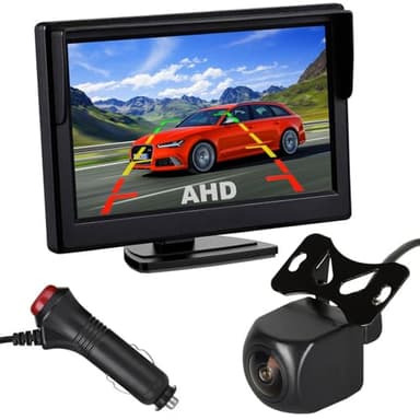 Xinyida Monitor de Coche IPS AHD de 5 Pulgadas, 1920 x 1080P HD, Cámara de Visión Trasera IP68, Impermeable, Visión Nocturna, Marcha Atrás, Kit de Cámara de 12 V-24 V para Coche SUV MPV