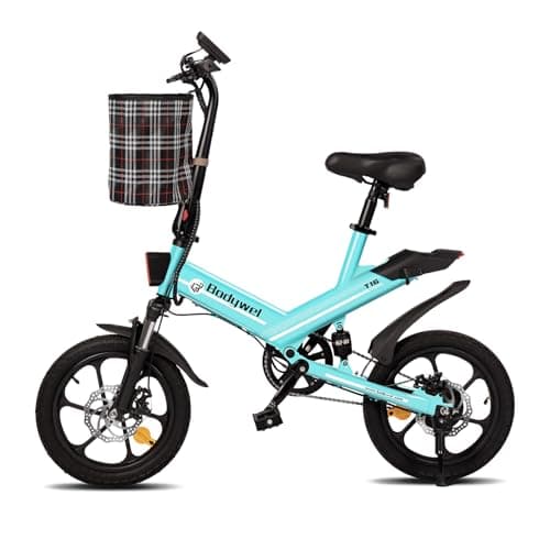 Bodywel T16 Bicicleta Eléctrica Plegable, 16" Portable E-Bike, City EBike con 4.5 Pulgadas Pantalla LED, Batería 36V/10.4Ah, Frenos de Doble Disco y Suspensión Delantera, Unisex Adulto (Aqua Azul)